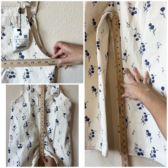 ZARA Floral Denim Overalls Size S Jumpsuit Cream Blue Cottagecore Wide Leg NWT - Picture 9 of 12